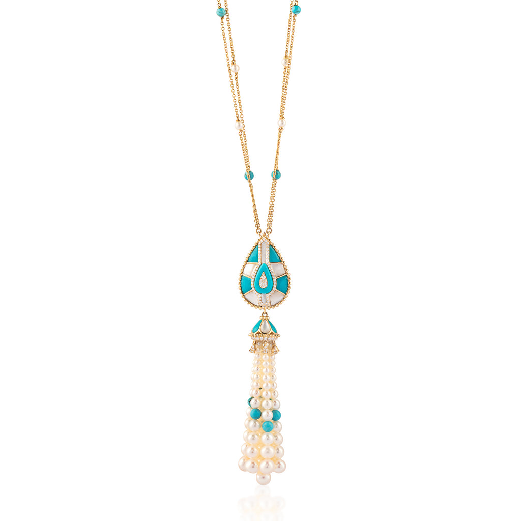 Tassel Necklace, Turquoise & Mother of Pearl, Yellow Gold